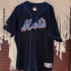 MLB Mets Majestic Black blue Jersey button down authentic Milledge 44 2x patches